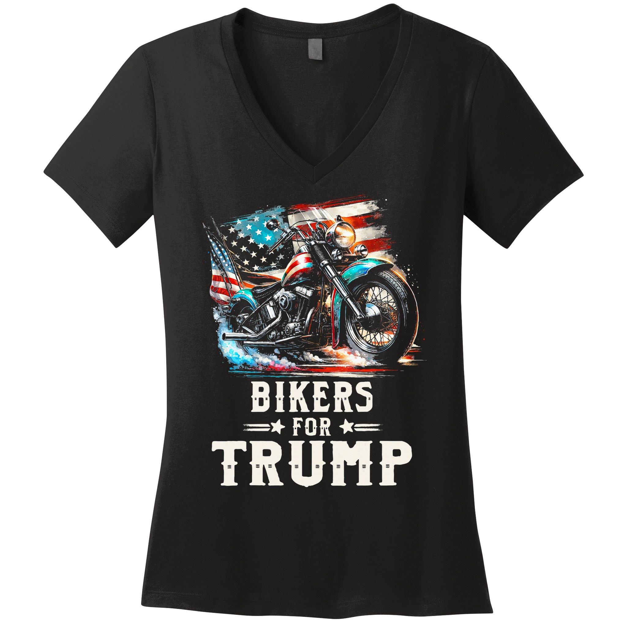 Bikers For Trump 2024 Motorcycle Patriotic American Flag Women's V-Neck T-Shirt