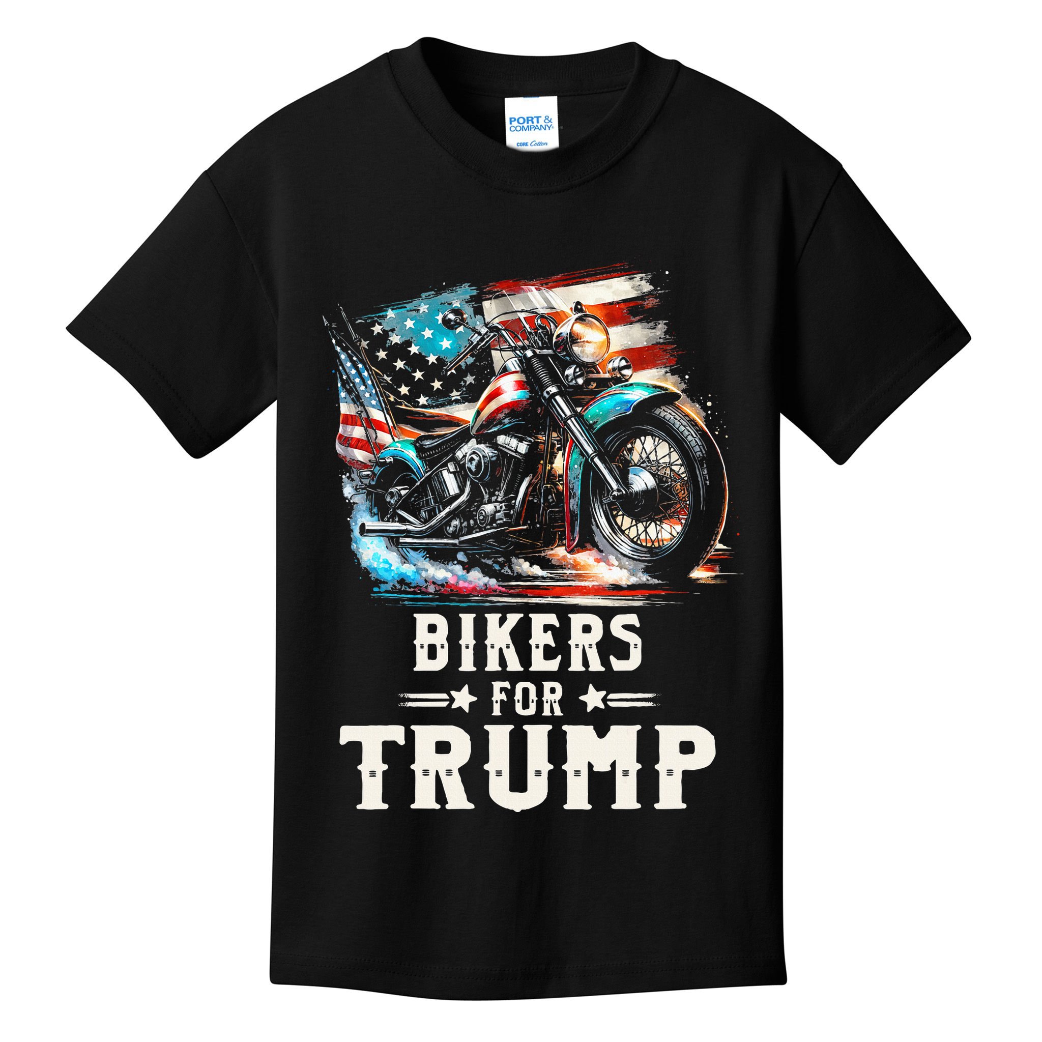 Bikers For Trump 2024 Motorcycle Patriotic American Flag Kids T-Shirt