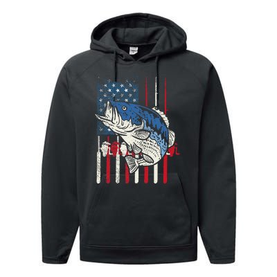 Bass Fish US American Flag Patriotic Fishing Fisherman Gift Performance Fleece Hoodie