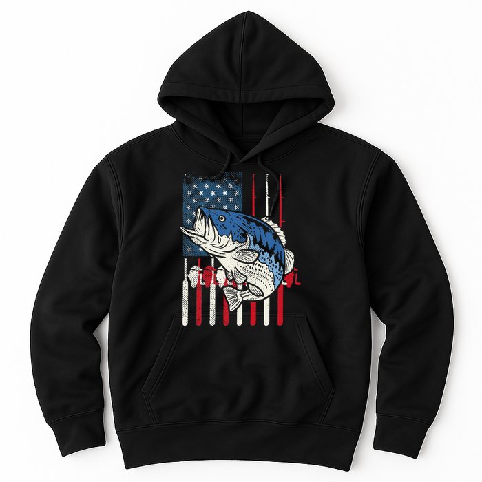 Bass Fish US American Flag Patriotic Fishing Fisherman Gift Hoodie