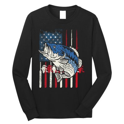 Bass Fish US American Flag Patriotic Fishing Fisherman Gift Long Sleeve Shirt