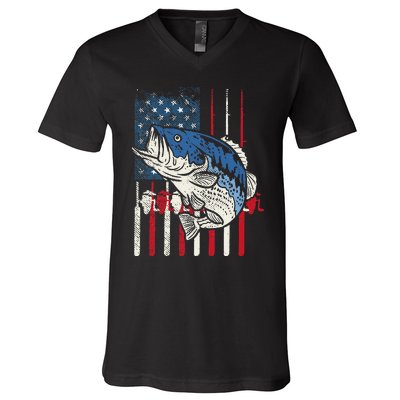 Bass Fish US American Flag Patriotic Fishing Fisherman Gift V-Neck T-Shirt