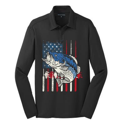 Bass Fish US American Flag Patriotic Fishing Fisherman Gift Silk Touch Performance Long Sleeve Polo