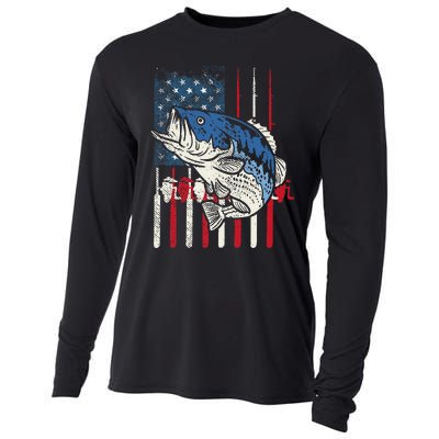 Bass Fish US American Flag Patriotic Fishing Fisherman Gift Cooling Performance Long Sleeve Crew