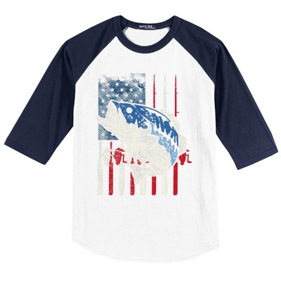 Bass Fish US American Flag Patriotic Fishing Fisherman Gift Baseball Sleeve Shirt