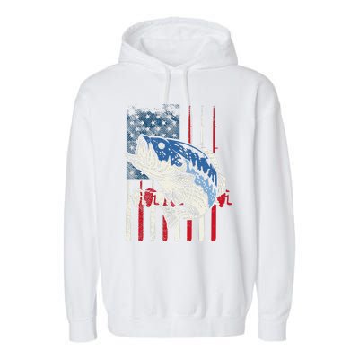 Bass Fish US American Flag Patriotic Fishing Fisherman Gift Garment-Dyed Fleece Hoodie