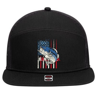 Bass Fish US American Flag Patriotic Fishing Fisherman Gift 7 Panel Mesh Trucker Snapback Hat