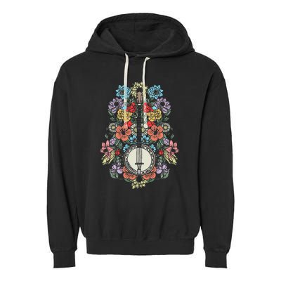 Banjo Flowers Vintage Stringed Bluegrass Folk Floral Design Garment-Dyed Fleece Hoodie