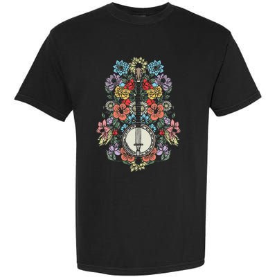 Banjo Flowers Vintage Stringed Bluegrass Folk Floral Design Garment-Dyed Heavyweight T-Shirt