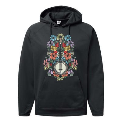 Banjo Flowers Vintage Stringed Bluegrass Folk Floral Design Performance Fleece Hoodie