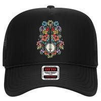 Banjo Flowers Vintage Stringed Bluegrass Folk Floral Design High Crown Mesh Back Trucker Hat