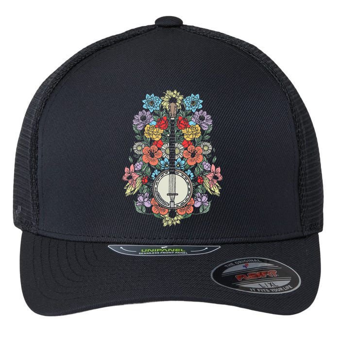 Banjo Flowers Vintage Stringed Bluegrass Folk Floral Design Flexfit Unipanel Trucker Cap