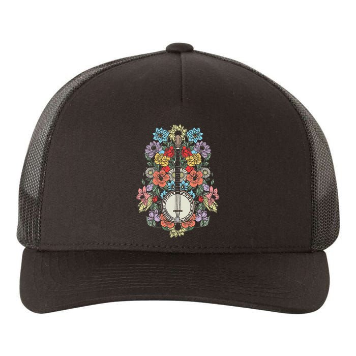 Banjo Flowers Vintage Stringed Bluegrass Folk Floral Design Yupoong Adult 5-Panel Trucker Hat