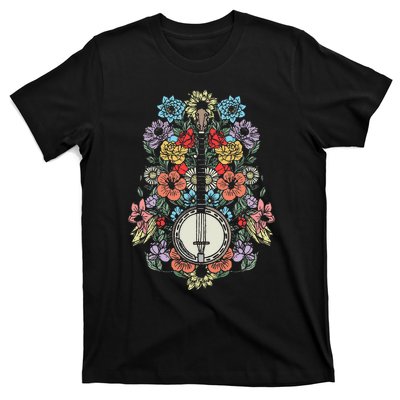 Banjo Flowers Vintage Stringed Bluegrass Folk Floral Design T-Shirt