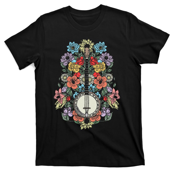 Banjo Flowers Vintage Stringed Bluegrass Folk Floral Design T-Shirt