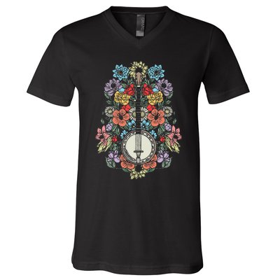 Banjo Flowers Vintage Stringed Bluegrass Folk Floral Design V-Neck T-Shirt