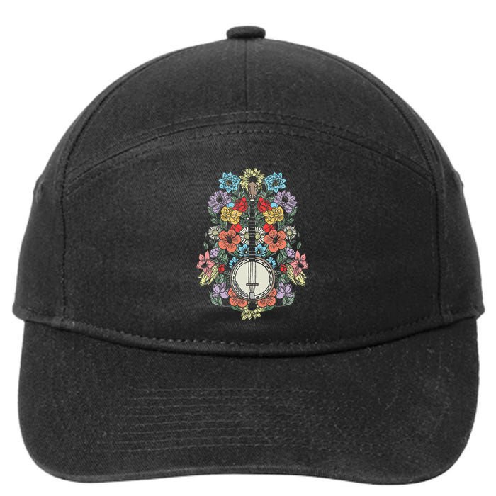 Banjo Flowers Vintage Stringed Bluegrass Folk Floral Design 7-Panel Snapback Hat