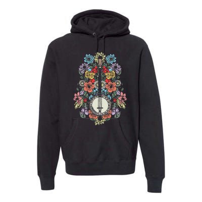 Banjo Flowers Vintage Stringed Bluegrass Folk Floral Design Premium Hoodie