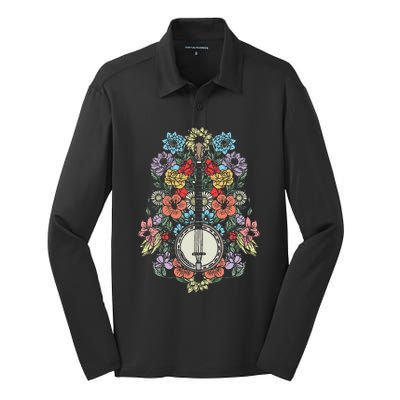 Banjo Flowers Vintage Stringed Bluegrass Folk Floral Design Silk Touch Performance Long Sleeve Polo