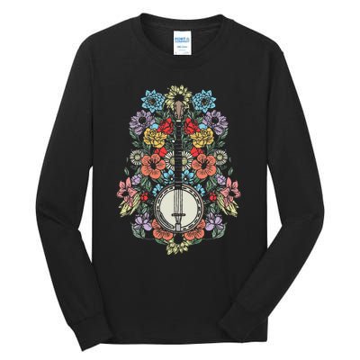 Banjo Flowers Vintage Stringed Bluegrass Folk Floral Design Tall Long Sleeve T-Shirt