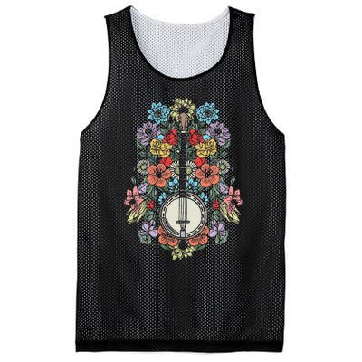 Banjo Flowers Vintage Stringed Bluegrass Folk Floral Design Mesh Reversible Basketball Jersey Tank