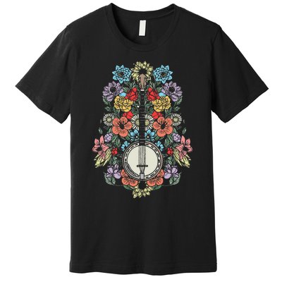 Banjo Flowers Vintage Stringed Bluegrass Folk Floral Design Premium T-Shirt