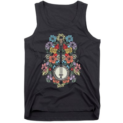 Banjo Flowers Vintage Stringed Bluegrass Folk Floral Design Tank Top