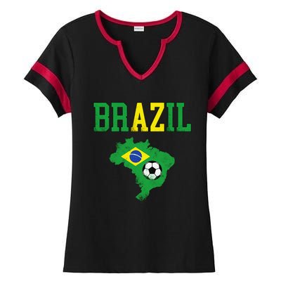 Brazil Flag Vintage Brazilian Soccer Fan Futebol Ladies Halftime Notch Neck Tee