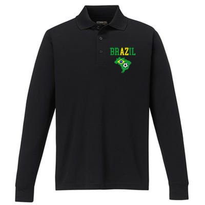 Brazil Flag Vintage Brazilian Soccer Fan Futebol Performance Long Sleeve Polo