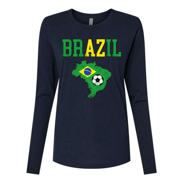 Brazil Flag Vintage Brazilian Soccer Fan Futebol Womens Cotton Relaxed Long Sleeve T-Shirt