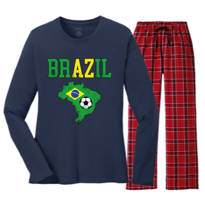 Brazil Flag Vintage Brazilian Soccer Fan Futebol Women's Long Sleeve Flannel Pajama Set 