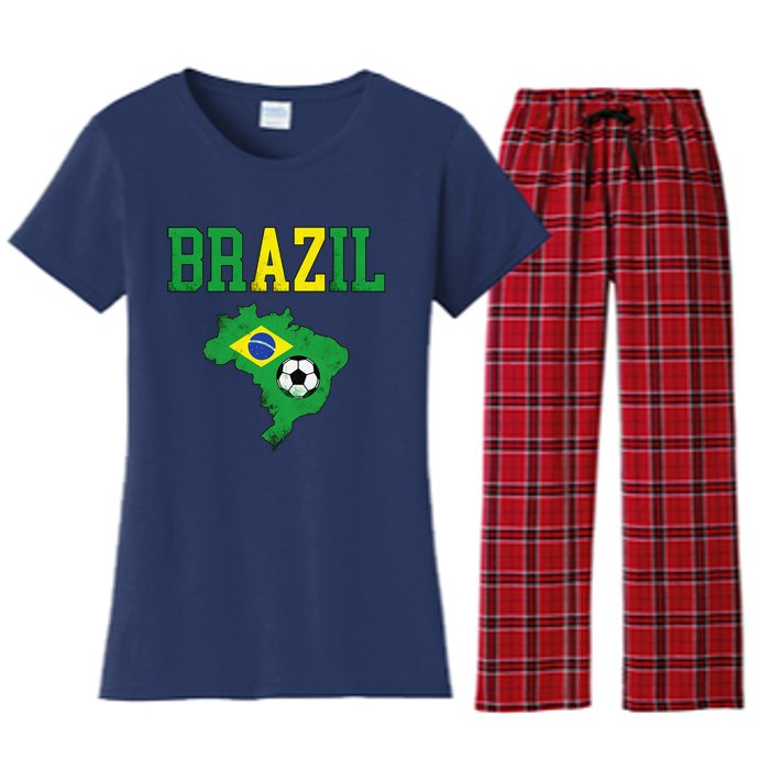 Brazil Flag Vintage Brazilian Soccer Fan Futebol Women's Flannel Pajama Set