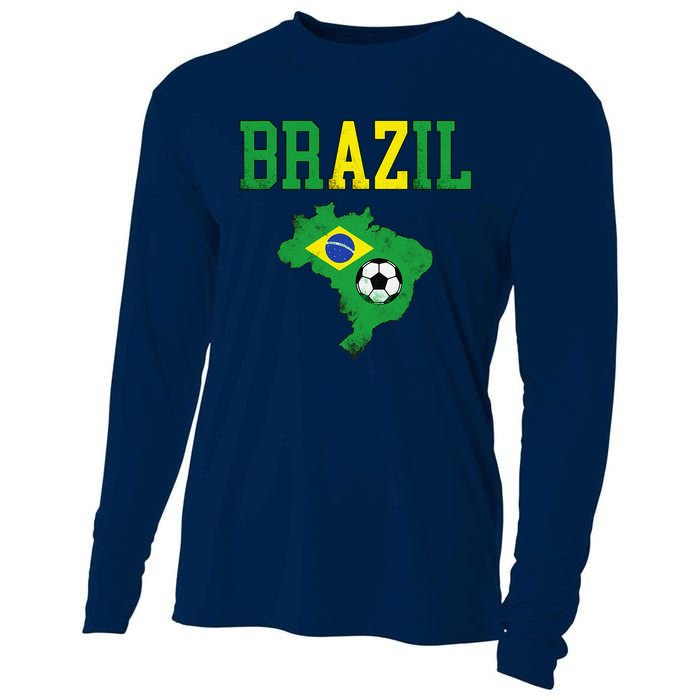 Brazil Flag Vintage Brazilian Soccer Fan Futebol Cooling Performance Long Sleeve Crew