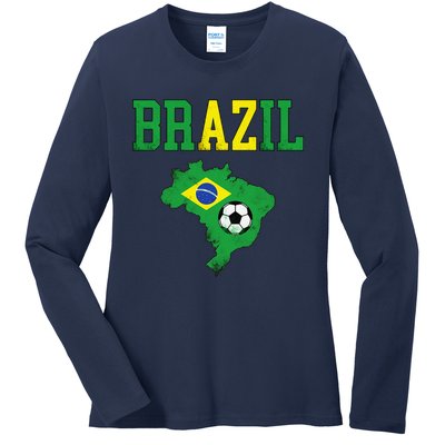 Brazil Flag Vintage Brazilian Soccer Fan Futebol Ladies Long Sleeve Shirt