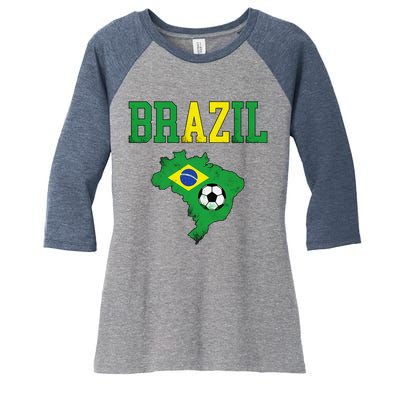 Brazil Flag Vintage Brazilian Soccer Fan Futebol Women's Tri-Blend 3/4-Sleeve Raglan Shirt