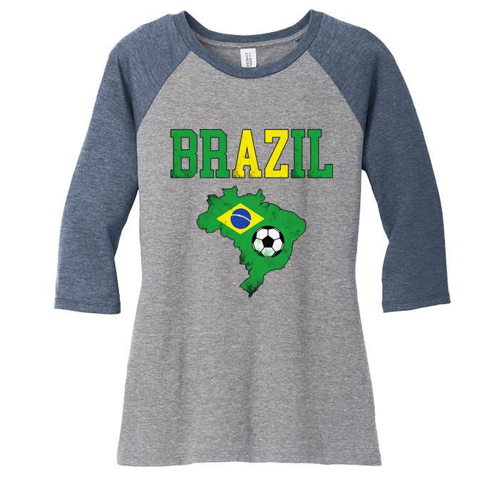 Brazil Flag Vintage Brazilian Soccer Fan Futebol Women's Tri-Blend 3/4-Sleeve Raglan Shirt