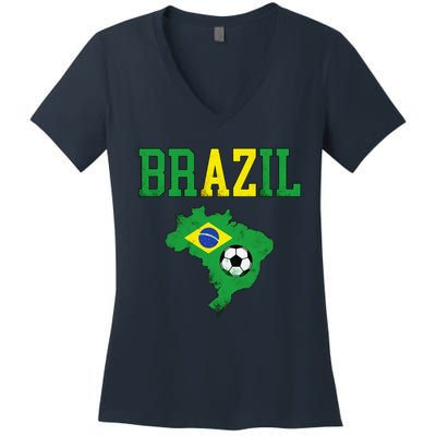 Brazil Flag Vintage Brazilian Soccer Fan Futebol Women's V-Neck T-Shirt