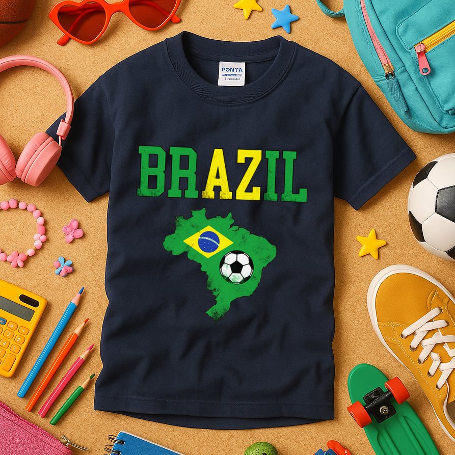 Brazil Flag Vintage Brazilian Soccer Fan Futebol Kids T-Shirt