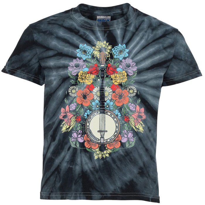 Banjo Flowers Vintage Stringed Bluegrass Folk Floral Design Kids Tie-Dye T-Shirt