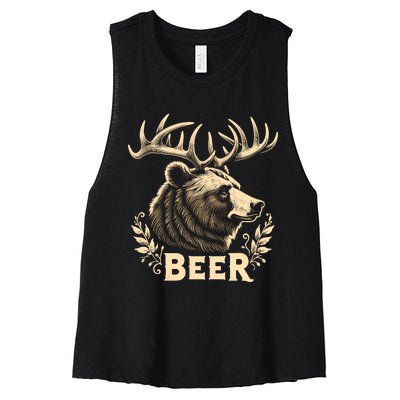 Beer Funny Vintage Design Bear With Deer Antlers For Drinker Women's Racerback Cropped Tank