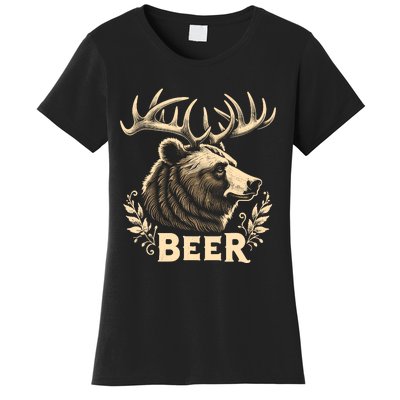 Beer Funny Vintage Design Bear With Deer Antlers For Drinker Women's T-Shirt