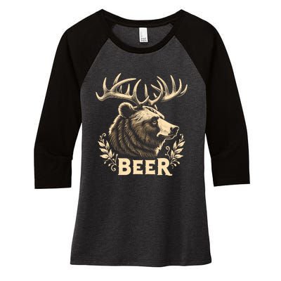 Beer Funny Vintage Design Bear With Deer Antlers For Drinker Women's Tri-Blend 3/4-Sleeve Raglan Shirt