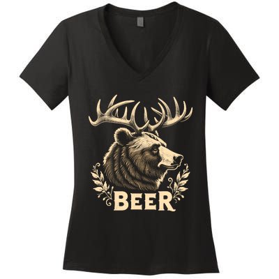 Beer Funny Vintage Design Bear With Deer Antlers For Drinker Women's V-Neck T-Shirt