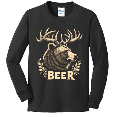 Beer Funny Vintage Design Bear With Deer Antlers For Drinker Kids Long Sleeve Shirt