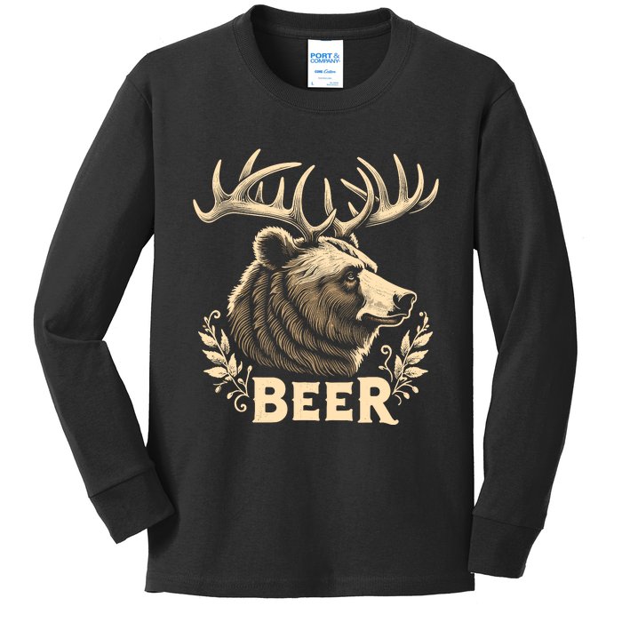 Beer Funny Vintage Design Bear With Deer Antlers For Drinker Kids Long Sleeve Shirt