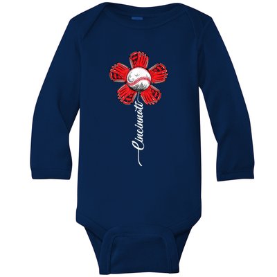 Baseball Flower Vintage Baseball Fans Baby Long Sleeve Bodysuit