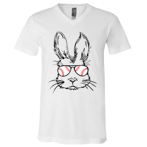 Bunny Face With Baseball Sunglasses Easter Day Gift V-Neck T-Shirt