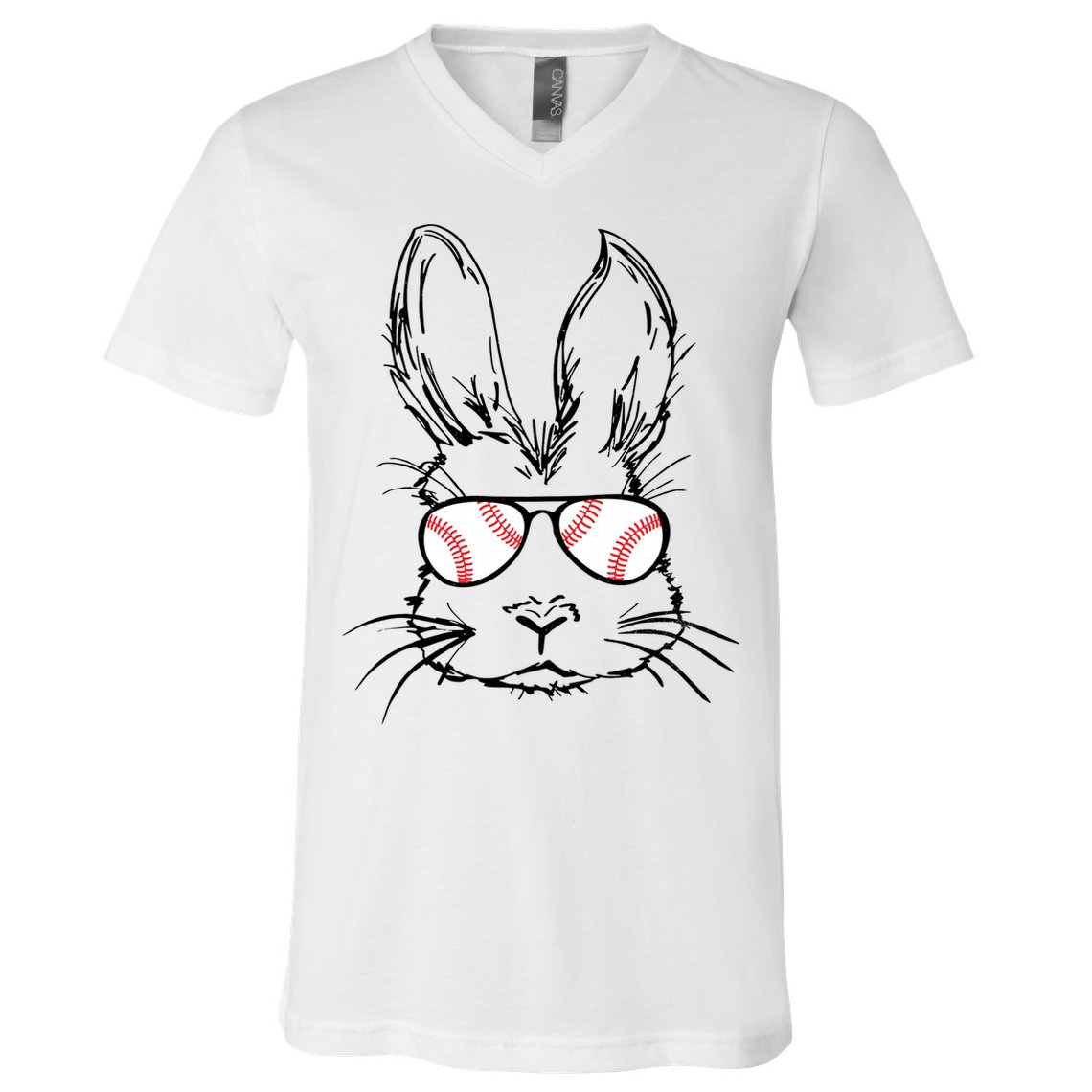 Bunny Face With Baseball Sunglasses Easter Day Gift V-Neck T-Shirt