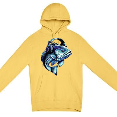 Bass Fish Wearing Headphones Premium Pullover Hoodie