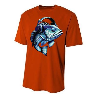 Bass Fish Wearing Headphones Performance Sprint T-Shirt